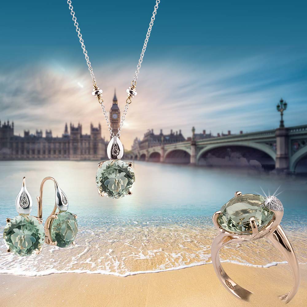 Collezione London Prasiolite in oro rosa e bianco 18 carati, vista panoramica, gioielli Silvia Kelly, Lago di Como