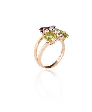London Tre Miranda ring with peridot and garnet in 18k rose and white gold, diamonds, straight Silvia Kelly jewelry, Lake Como