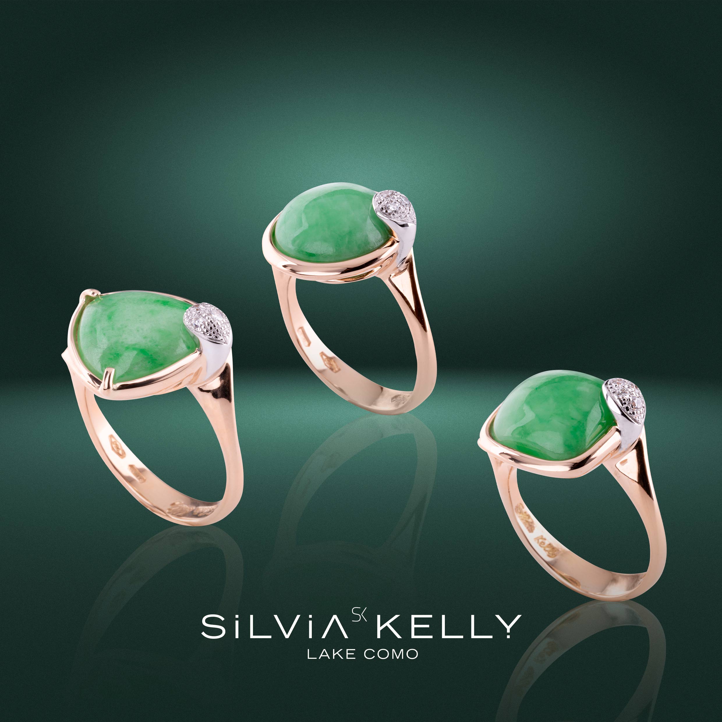 18kt gold rings with Burmese green jade (jadeite), a rare and compact stone