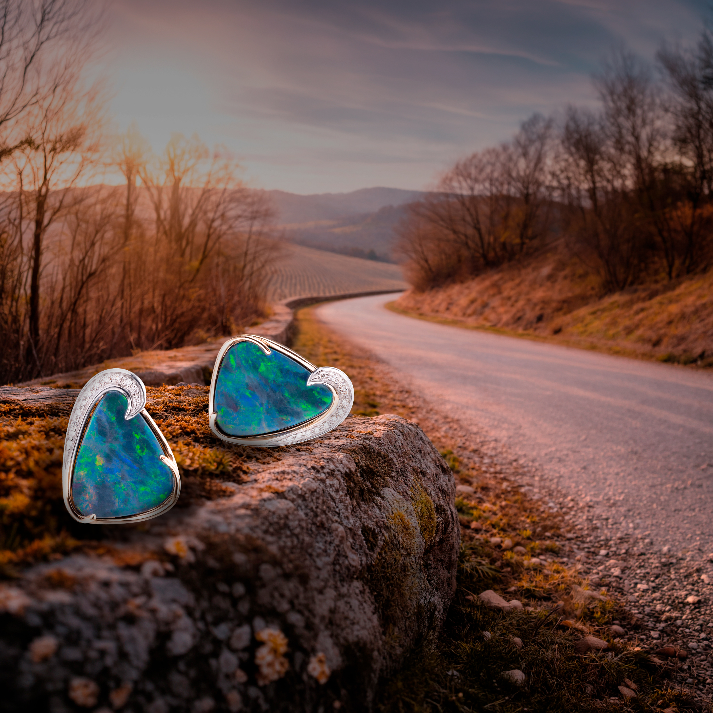 Boulder opal earrings resting on dry stone wall in the hills of Piedmont