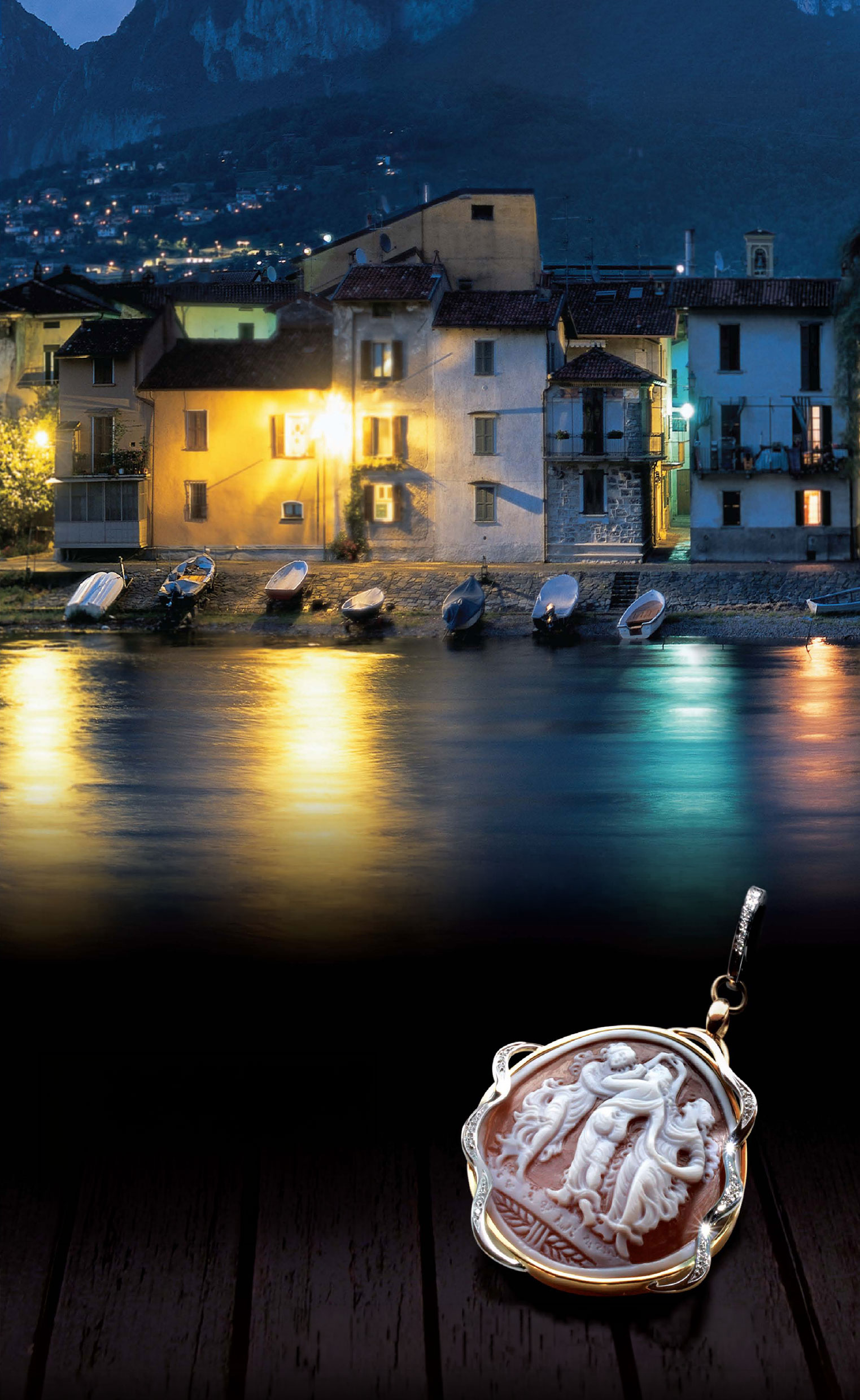 Sardonyx shell cameo pendant on the quiet shores of Pescarenico by Lake Como